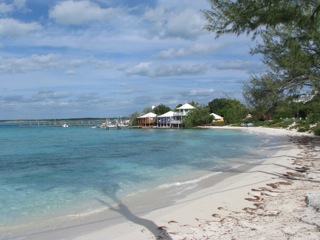 Beach at the village center, Staniel Cay