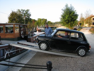 Roger unloads the Austin Mini from his 60-ton barge, Vertrouwen