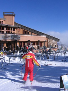 A German racer at the mid-mountain lodge